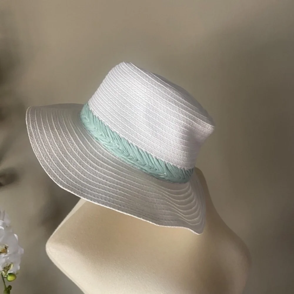 Anthropologie White Raffia Trimmed Rancher Hat